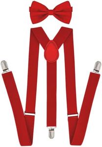 Trilece Suspenders for Men with bowtie set - Boys Women Adults - Adjustable Elastic Y Back Style Suspender Bow Tie - Red - Suspender + Bowtie