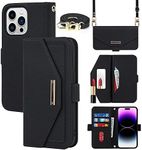 Cavor Crossbody Wallet Case for iPhone 14 Pro Max Case (6.7") Flip Cover Magnetic Leather Women Handbag Card Slots Holder Zipper Kickstand Purse with Detachable Shoulder Necklace Lanyard Strap-Black