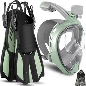 Odoland Snorkeling Packages for Adults & Youth, Full Face Snorkel Mask with Camera Mount, Adjustable Swim Fins, Mesh Bag, Anti-Fog Anti-Leak Scuba Diving Gear for Men & Women,Olive Green M