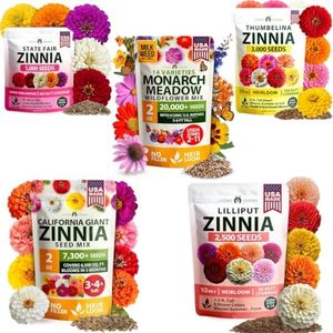 HOME GROWN Seed Bundle - Lilliput Zinnia (2,500), State Fair (1,000), Thumbelina (3,000), California Giant (7,300+) & Monarch Butterfly Mix (20,000+) Seeds
