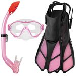 Snorkeling Gear for Kids Ages 5-14, 3 in 1 Mask Fins Snorkel Set with 180° Tempered Glass Goggles Panoramic View Diving Mask, Adjustable Swimming Fins, Dry Top Snorkel and Mesh Bag