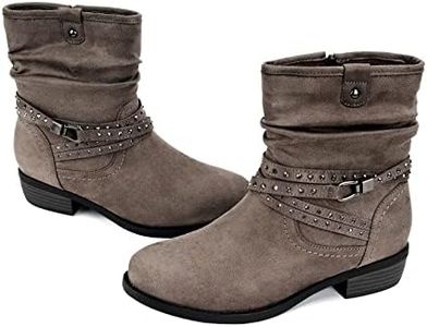 VJH confort Women's Mid Calf Boot,Round Toe Low Heel Comfort Slouchy Bootie with Side Zipper Buckle Strap(griege,6.5