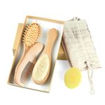 Baby Hair Brush and Comb Set (4-Piece) for Newborn - Wooden Baby Hairbrush Set，A Beechwood Brush, Baby Airbag Brush, Beech Handle Brush, and Prevent Cradle Cap Silicone Brush