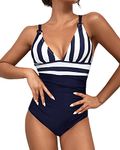 VECENEY One Piece Bathing Suit for Women Tummy Control Swimsuit Criss Cross Back O-Ring V Neck Ruched Swimwear Navy Stripe XL