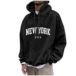 Men Novelty Hoodies New York Funny Letter Print Oversized Hooded Sweatshirt Casual Drawstring Pocket Pullover Tops