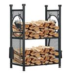 Outsunny 2-Tier Firewood Rack with Shovel, Broom, Poker, Tongs, Side Hooks, Log Holder for Fireplace, Outdoor Indoor Wood Storage Stacker, 21.7" x 12.6" x 30.3", Black