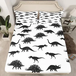 Dinosaur Fitted Sheet Deep Pocket Dino Silhouettes Evolution Bedding Set Wildlife Animals Black White Bed Sheets for Kids Teens Boys 1 Fitted Sheet with 2 Pillow Cases Queen Size(No Top Sheets)