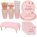 169pcs Birthday Party Tableware Set, Pink and Rose Gold Birthday Party Supplies with Plates Cups Napkins Forks Knives Straws Tablecloth, Birthday Themed Dinnerware Set Serves 24 Guests