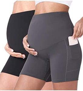 POSHDIVAH 2 Pcs Black Grey Women's Maternity Yoga Shorts Over The Belly Bump Summer Workout Running Active Short Pants with Pockets 5" X-Large