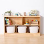 OOOK Rubber Wood 5-Compartment Montessori Shelf, 43.3" L, 2-Tier Toy Organizers and Storage, Wooden Storage Cabinet for Kids Room, Playroom, Nursery, Classroom, Kindergarten