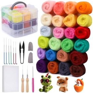 JUPEAN Needle Felting Kit, 24 Colors Wool Roving (5g/Color), Complete Needle Felting Starter Kit with Needle Felting Supplies Wool Fibre Spinning Craft Felting Kits for Beginners