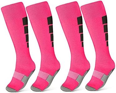 Kids Soccer Socks, 2 Pairs Athletic Knee High Socks for Youth Boys Girls for Shoe Size 3-6.5 / Ages 6-12 (pink)