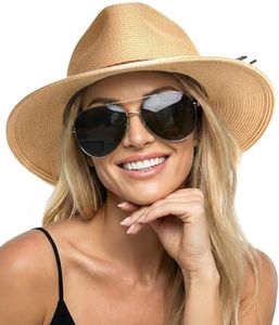 FURTALK Sun Hats for Women Summer Wide Brim UV UPF 50+ Panama Fedora Foldable Packable Straw Beach Hat (Khaki, Large)
