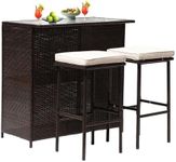 PayLessHere Rattan Bar Set 3Pcs Patio Wicker Bistro Set Sturdy Frame Bar Height Table with Glass Table Top Storage Shelves 2 Bar Stools for Patio Poolside Porch Outdoor Indoor (Khaki)