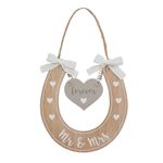 Wedding Horseshoe Gift - 'Mr & Mrs' with 'Forever' Hanging Love Heart - Wooden Horseshoe - Good Luck Gift Decorated with White Hearts & Bow Ribbons