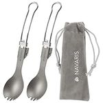 Navaris Titanium & Stainless Steel Sporks Set of 2 - Lightweight & Foldable Travel Cutlery - Compact Reusable Fork & Spoon with Locking Mechanism & Carry Bag - Spork for Camping