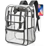 Hairao Clear Backpack Heavy Duty Thick PVC Transparent Backpack With Leather Trim Large See Through Backpack Clear Bookbag For Student, Work, Travel Black