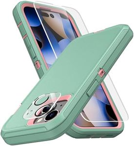 MXX Heavy Duty Made for iPhone 15 Case with Tempered Glass Screen, Camera Lens Protector 3-Layer Full Body Protection - Shockproof Dustproof Cover for Apple 15 Phone Case 6.1" (Aqua/Light Pink)
