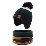 PEECABE Toddler Winter Hat Boys Girls Striped Knitted Beanie Pompom Kids Cold Weather Hat Scarf Set 9M-8Y (B-Green+Scarf, M)