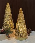 SHMILMH Gold Mercury Glass Christmas Tree Set of 2, Tabletop Christmas Tree with Light, Battery Operated Small Xmas Tree for Fireplace Centerpiece Decorations 10"