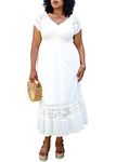 ANNA-KACI Plus Size Peasant Maiden Boho Inspired Cap Sleeve Lace Trim Maxi Dress, White, XX-Large