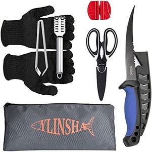 ylinsha Fish Cleaning Kit Fishing Knife 7 PC set coated Bait Knife, Fish Knife, Fish Scale Cleaning Brush, multi-functional Scissors, anti-cutting Gloves, Fishbone Tweezers, storage Bag