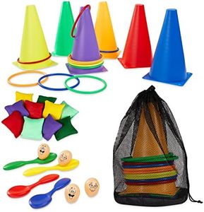 Juegos Exterior Niños para Fiesta Cumpleaños Infantil y Sports Day con Accesorios, Cuerda, Conos, Sacos para Carreras, Ring Toss Game, Juegos Infantiles para Jardin Aire Libre (Pack 4 en 1)