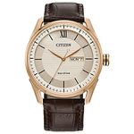 Citizen Mens Classic Eco-Drive Watch 42mm Rose Gold-Tone Stainless Steel Case Brown Leather Strap with Ivory Dial (AW0082-01A)