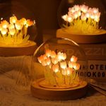 Rylan Flower Tulip Lamp Romantic LED Night Light USB Powered Ball Lamp with Wooden Base for Bedroom, Home Decor, Soft Pink Glow, Ideal for Gift (Tulip Flowers, Pink)