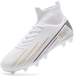 HRJR Men's Soccer Cleats Football Cleats for Unisex-Adult High-Top Spikes Shoes for Youth Lightweight Professional Training Turf Outdoor Athletic Sneaker Big Boys White 7