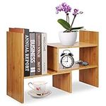 Widousy Adjustable Natural Wood Desktop Bookshelf Bamboo Desk Storage Organizer Display Shelf Rack, Counter Top Bookcase