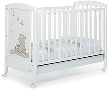 Foppapedretti Lettino con Sponda Regolabile Golosone, Legno di Faggio, Made in Italy, Rete a Doghe di Faggio, Ampio Cassetto, Regolabile a Doppia Altezza, 4 ruote, 131x71x103 cm, Bianco