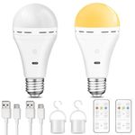 USB Rechargeable Light Bulb With Remote Control, 3 Color Temperature LED Dimmable Battery Powered Light Bulbs, E27 7W Touch Control Bulb With Timer, Emergency Light Bulb With Hook, 2600mah,2 PACK