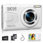 4K Digital Camera with 32GB Card 64MP Kids Camera 18X Zoom Anti Shake 2 Batteries Compact Portable Small Point and Shoot Cameras Gift for Kid Student Children Teen Girl Boy White