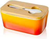 Porcelain Butter Dish with Knife & Wooden Lid, Candiicap Airtight Butter Keeper for Countertop, Large Butter Holder for East West Coast Butter(Tropical Orange)