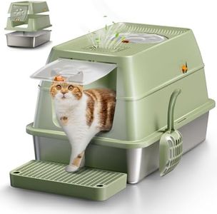 Stainless Steel Cat Litter Tray with Lid, XXL Enclosed Cat Litter Box with High Sided for Big Cats, with Removable Lid &Scoop - Green