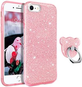 GUAGUA Compatible with iPhone SE 2022/2020 Case, iPhone 8/7 Case 4.7 Inch Glitter Sparkle Bling Cover for Girls Women with Extra Ring Kickstand Slim Protective Case for iPhone SE 3rd/2nd, Pink