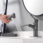 LAZ HOME Bathroom Sink Faucet with Pull Out Sprayer Single Hole one Handle Basin Mixer Tap Pull Down Vessel Waterfall Rotating Spout Widespread Drain Assembly (Gun Grey, Regular)