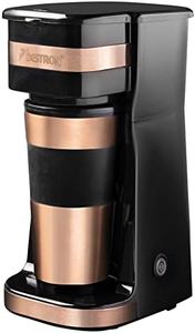 Bestron Cafetera, Cafetera goteo con taza aislada, para café de filtro molido, 2 tazas grandes, 750 vatios, acero inoxidable, 0,42 litros, color: cobre