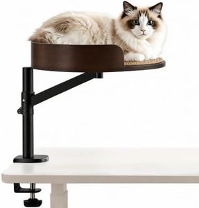 FlexiSpot Cat Desk Bed, Wooden Desk Mounted Cat Perch Supports Up to 33lbs, 360° Rotating & Adjustable Heigh Kitten Nest for Desktop Equipped with Scratcher, Walnut Wood Finish