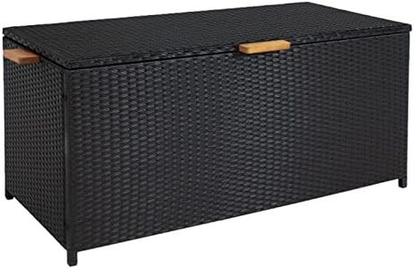 Sunnydaze 75-Gallon Faux Wicker Outdoor Deck Storage Box with Acacia Wood Handles - Hinged Lid - Black