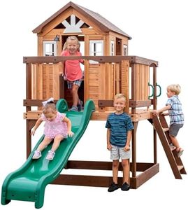 Backyard Discovery Echo Heights Elevated Cedar Playhouse, Play Kitchen, Powered Blender, Working Bell, 6 ft Wave Slide, Wrap-Around Deck, Flat Step Ladder, Growth Chart