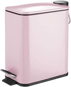 mDesign Slim Metal Rectangle 1.3 Gallon/5 Liter Trash Can with Step Pedal, Easy-Close Lid, Removable Liner - Narrow Wastebasket Garbage Container Bin for Bathroom, Bedroom, Kitchen - Matte Blush Pink