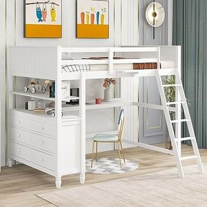 Full Size Loft Bed with Built-in Desk/6 Storage Drawers/Shelf - Save Space - with Ladder & Full-Length Guardrail, Wooden Loft Bed for Kids Teens Adults, White