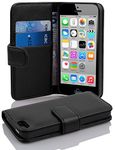 cadorabo Book Case works with Apple iPhone 5C in OXID BLACK - with Stand Function and Card Slot made of Structured Faux Leather - Wallet Etui Cover Pouch PU Leather Flip