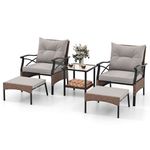 COSTWAY 5 Pieces Rattan Garden Furniture Set, Patio Conversation Set with 2 Chairs, 2 Footstools, Glass Top Coffee Table and Thick Cushions, Wicker Weave Outdoor Sofa Seating Set for Balcony Lawn Yard