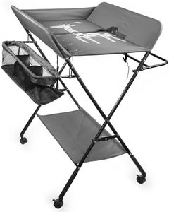 Foldable Baby Changing Table Dresser with Wheels, Folding Diaper Changing Station Adjustable Portable Changing Care Unit for Baby Infant, with Bottom Rack, Side Basket and Clothes Rail (Grey)