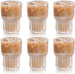 MUJUZE Ribbed Glasses Stackable,11OZ Old-Fashioned Iced Coffee Cup,Elegant Sippy Cup,Smoothie Glasses Drinking Glasses Set of 6 for Latte, Tea,Whiskey,Cocktail