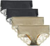 LIQQY Women's 4 Pack Cotton Mid Rise Full Coverage Lace Hipster Brief Panty Underwear (Medium, Black/Nude)