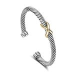 Aprilery Cable Wire Bangle Bracelets for Women, Wire Twisted Bracelet Cuff Bangle Cross, Stainless Steel Two Tone Bracelets Jewelry Gifts